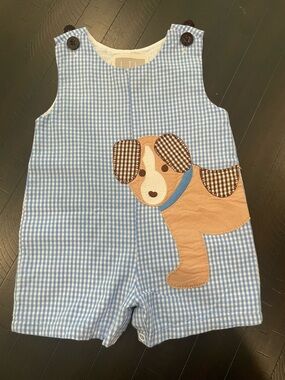 Light Blue Gingham Puppy Applique Baby One-Piece
